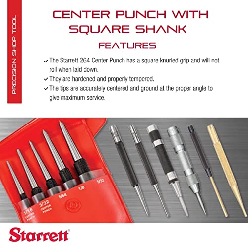 Starrett Steel Center Punch com haste quadrada e garra de dedos serrilhados - endurecido e temperado, 4-1/2 comprimento, 3/16 de