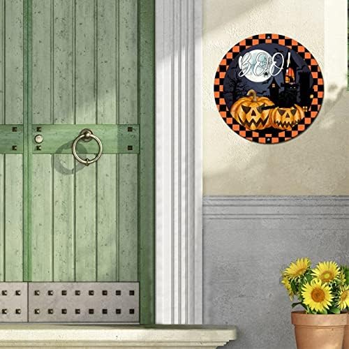 Sign de metal redondo Halloween Boo Pumpkins and Cats Halloween Wreath Sign Sign Art Print