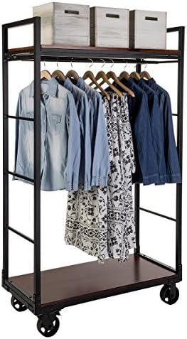 Displays2Go Clothing Rack de estilo industrial Carrinho de prateleira com prateleiras - preto, mogno