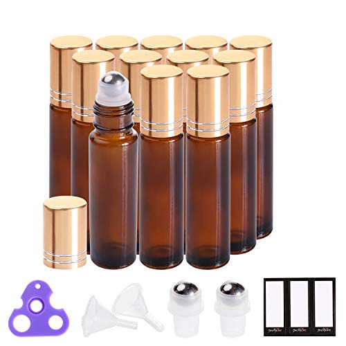 Garrafas de rolos pretados para óleos 10 ml (vidro âmbar, 60 pacotes, 10 bolas de aço inoxidável extras, 72 rótulos, 4 abridor, 4 funis garrafas de rolos de óleo essencial, rolos em garrafas