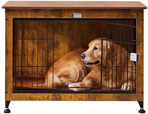 Móveis para Crate de Dog Copaw - 43 polegadas de fio de madeira Pet Kennels com portas duplas almofada e pés ajustáveis ​​Casa
