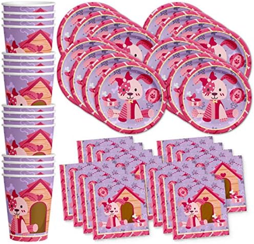 Pink Girl Puppy Dog Birthday Festes Supplies Placas Placas Guardanapo Kit de Tableware de Tableware para 16