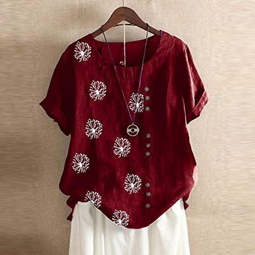 Camiseta para mulheres de linho de algodão Tops redondos mangas curtas largas camisetas de flores casuais
