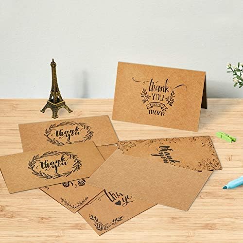 144 Cartões de agradecimento a granel com envelopes auto-e seamentos, Brown Kraft Agradecimentos Caixa de Notas com elegante 8 Designs