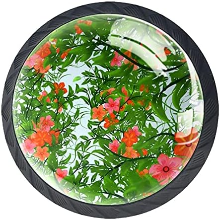 Tyuhaw Redonda gaveta Puxa Handle Tropical Flores vermelhas Plantas verdes impressão com parafusos para armários de cômodas domésticas