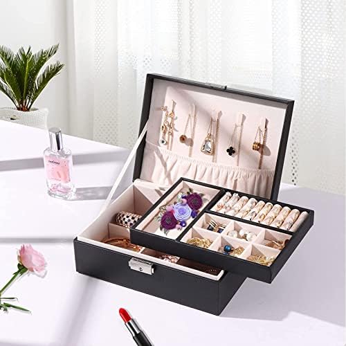 Caixa de organizador de jóias de Yeeken para mulheres meninas, 2 camadas de caixas de jóias grandes com fechadura, preenchimento