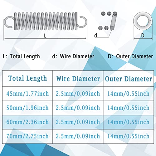 Mola de tensão de gancho duplo de metal, mola de tensão forte, diâmetro do fio de 2,5 mm, diâmetro externo 14 mm, comprimento