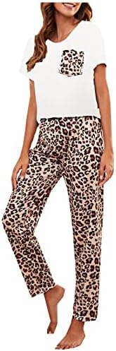 HCJKDU MUNDA DE MANAGEM DE SLUCE DE MANEIRA CURTA com calças de leopardo Pants Soft Loungewear PJ Set Casual Home