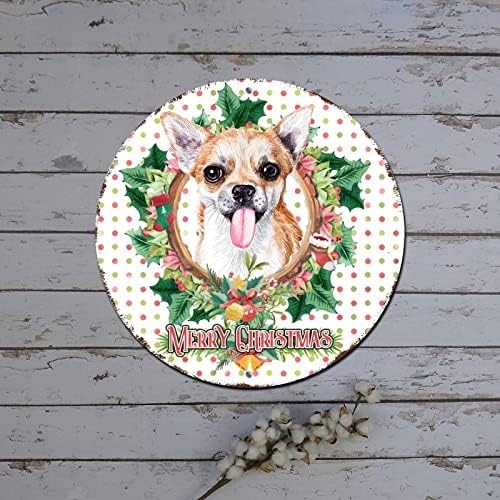 Feliz Christmas Door Peting Dog em grinalda floral redonda lata de metal sinal
