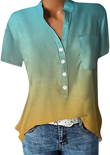 Tops de verão para mulheres, camisetas de botão impressas femininas v camiseta de pescoço de manga curta Henley Tshirt com bolso