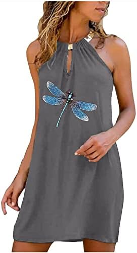 Vestidos de praia para mulheres 2023 Dragonfly Print Boho vestido curto metal halter pescoço vestidos de férias de férias