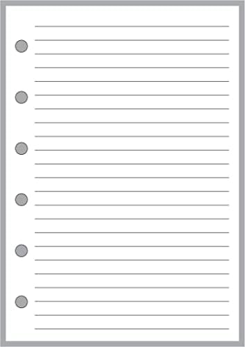 Notas de tamanho de bolso inserir com linhas simples 1/4 , dimensionadas e perfuradas com 6 orifícios para notebooks de tamanho de bolso.