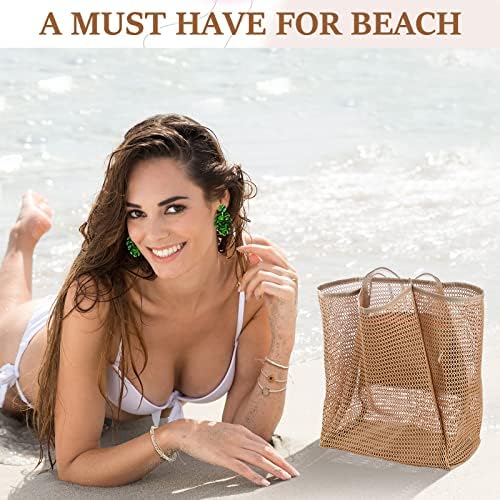 Karenhi Summer Beach Tote Bag Mesh Tote Bag de ombro para mulheres Girls Beach Férias de férias com brincos de vime boho
