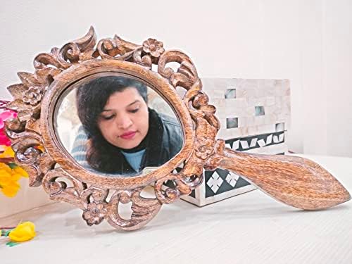 Espelho de madeira de madeira espelhos de mão rústica oval espelhado de madeira vintage com alça de maquiagem de