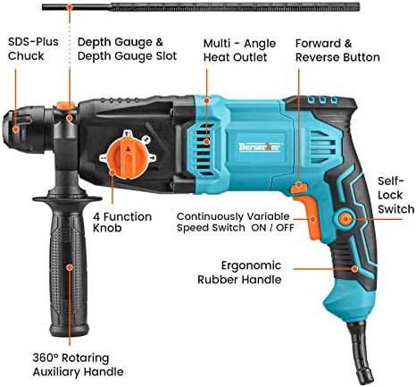 Berserker 1 SDS-PLUS Rotary Hammer Drill com 7 AMP 4 Funções Rotomartillo de velocidade variável com cordas e 1300W 12 libras