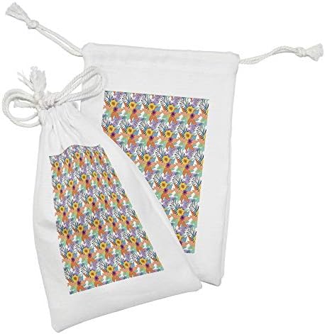 Conjunto de bolsas de tecido tropical de Ambesonne, de 2, flores exóticas de verão havaiano de verão desenhadas pela plantação de ilhas manuais, pequenas bolsas de cordão para máscaras e favores de produtos de higiene pessoal, 9 x 6, multicolor