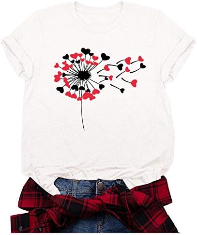 Camisa do Dia dos Namorados Próximo para Mulheres de Dandelion Gráfico de Manga Curta Camista Casual Tops