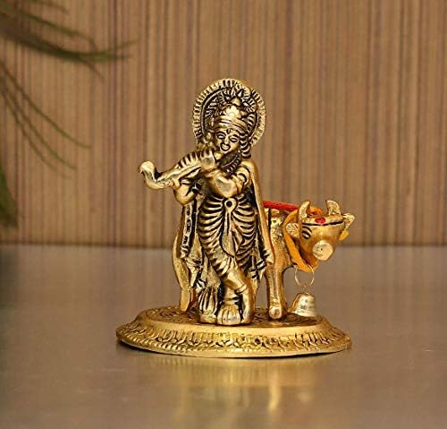 Índia colecionável Lord Cow Krishna ídolo estátua Murti Krishan com Kamdhenu Hindu Deus