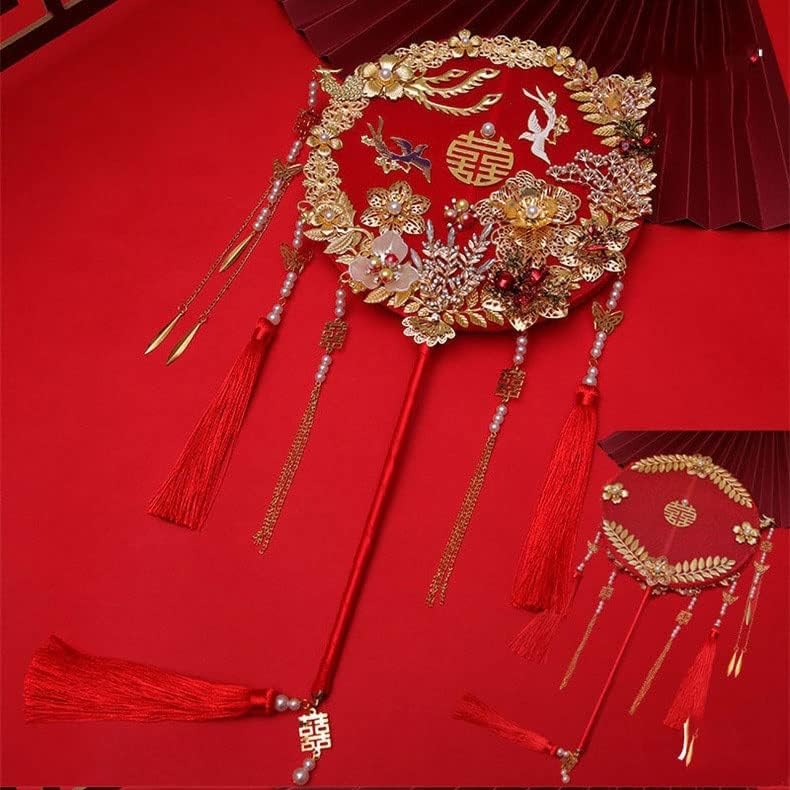 Jkuywx Vintage Lindo fã de mão de noiva chinês segurando a phoenix redonda artesanal com fã de buquê de casamento de casamento de borla longa