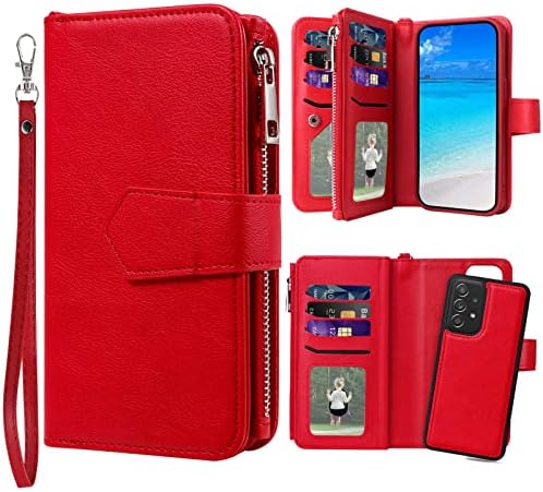 Jzases Case for Galaxy A52 4G / Galaxy A52 5G / Galaxy A52S 5G, 2 polegada de caixa de choque destacável, Flip Folio PU com capa de cartão para Samsung Galaxy A52 / Galaxy A52s, vermelho