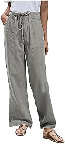 Calças de linho dsodan para mulheres calças de carga solta casual com bolso de grande tamanho de cordão largura perna larga colorida