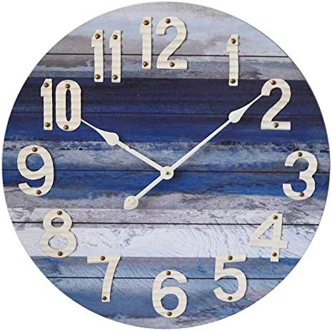 Praia Azul Relógio de parede de madeira de 24 polegadas - relógio decorativo grande com números brancos em árabe - bateria