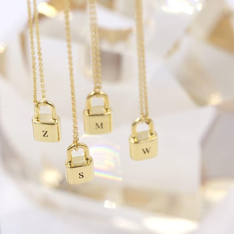T3Store Tiny A-Z Letter Square Lock Pingnd Pingnd Chain Gold Chain Padlock para mulheres Acessórias de jóias de gravas pendentes-J-61431