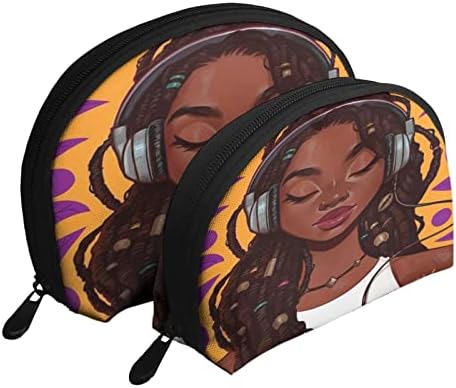 Jysdzse Black Girl 2 PCs Bolsas de cosméticos Bolsa de maquiagem de viagem bolsa de embreagem portátil Conjunto de artes de arte afro -americana com uma bolsa com zíper haiolas para mulheres à prova d'água