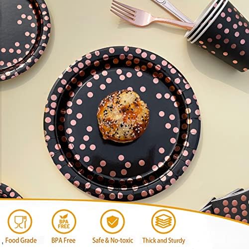 Suprimentos de festa preta e dourada, pratos de aniversário de ouro preto e rosa, serve 16, incluindo pratos de ouro rosa, guardana