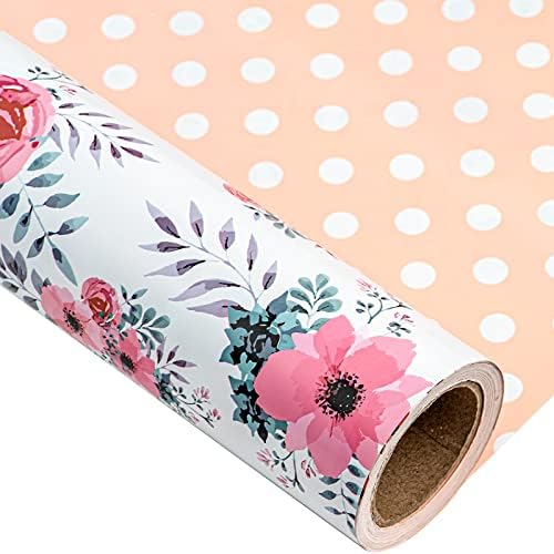 Maypluss reversível de papel de embrulho rolo - mini roll - 17 polegadas x 32,8 pés - design floral rosa