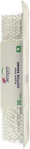 Swisspers Cotton Swabs, algodão com ponta dupla, palitos de plástico branco, pacote de contagem de 300 contagem