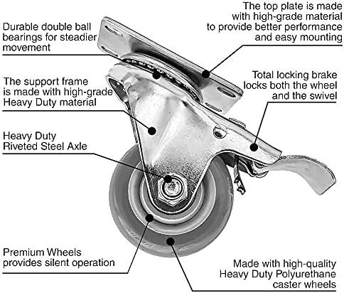 Lote de rodas de rodízio de 4, 3 giratórios giratórios rodízios em rodas de poliuretano cinza com freio