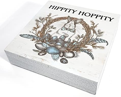 Hippity Hoppity caixa de madeira decoração de mesa de placas de 5 x 5 polegadas placas lúptas de páscoa de madeira de madeira de