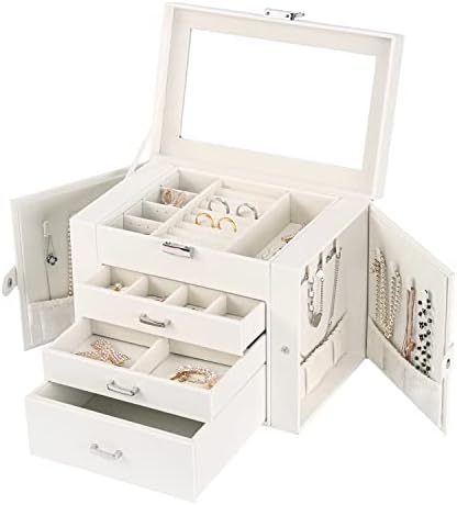 Caixa de jóias DQUTAR para mulheres de couro de 4 camadas de 4 camadas de jóias com gavetas e espelho para colar/anel/brinco/armazenamento