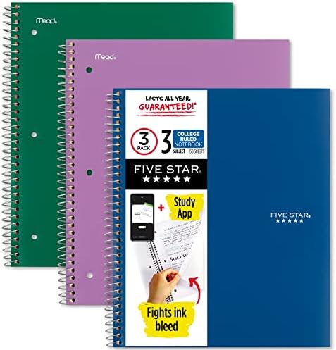 Notebooks em espiral de cinco estrelas + aplicativo de estudo, 3 pacote, 3 disciplinas, papel governado pela faculdade, 11%22 x 8-1/2%22, 150 folhas, verde, roxo, azul e 4 bolas de bolso, 6 contagem, se encaixa em 3- Ligantes de anel