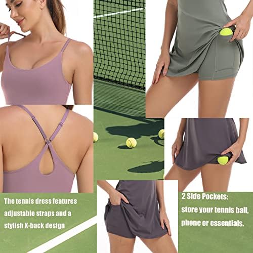 Vestido de tênis feminino, vestido de treino com sutiã embutido e bolsos de shorts Exercício de golfe para mulheres