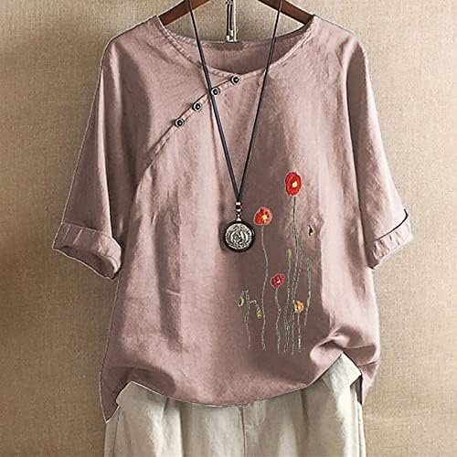 Blusa casual feminina tops boho botão de botão de algodão camisetas de linho de algodão PLUSTEME