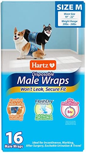 Hartz descartável cão masculino envolve -se com tecnologia de gel flashdry, m 16 contagem