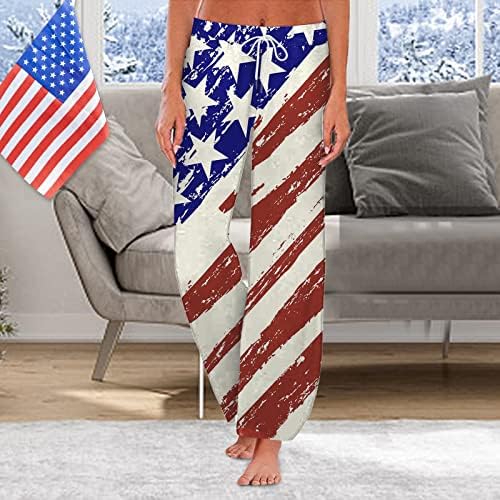 4 de julho de ioga calças para mulheres casuais verão calça larga de cordas largas de pernas largas estrelas da bandeira americana