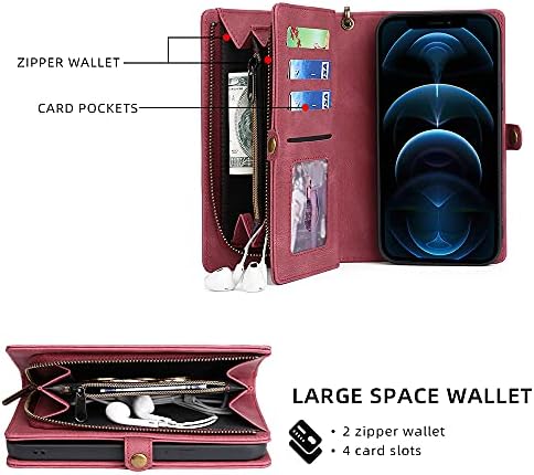 Compatível com o iPhone 13 Pro Wallet Case, PU Leather com suporte de cartão com zíper magnético zíper destacável 2 em 1 tampa