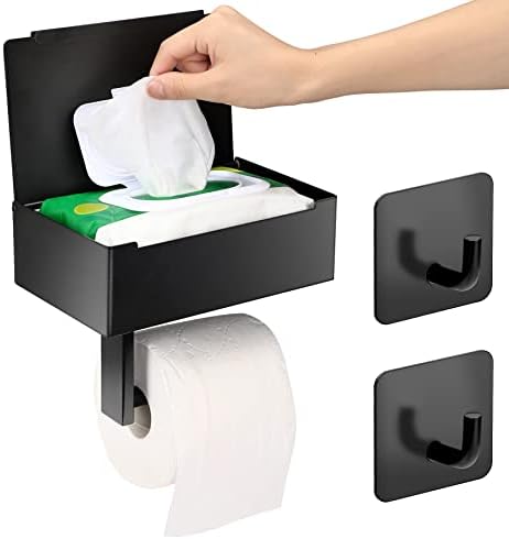 Suporte de papel higiênico com prateleira, dispensador de lenços de descarga preta fosca, suporte de papel higiênico de banheiro de armazenamento de aço inoxidável para armazenamento para montagem de parede de armazenamento com 2 ganchos