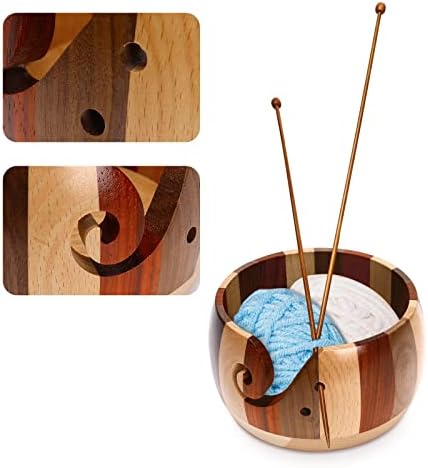 Megrez tigela de fio de madeira para tricô e crochê, misto de lã de lã de lã de lã colorida com orifícios, 5,9 x