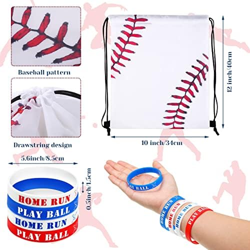 Roowest 24 PCs Baseball Sacos de cordão e pulseiras de borracha Bolsa de doces de beisebol para crianças favores de