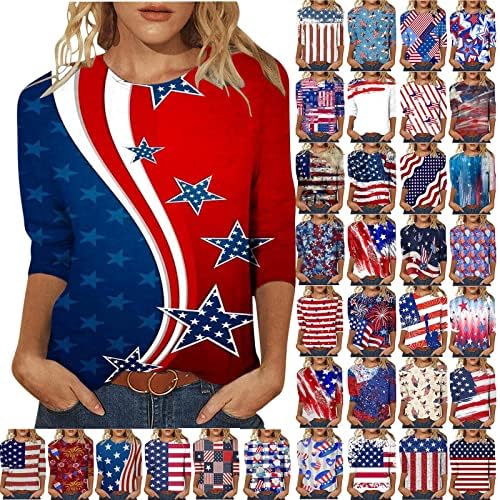 Tuianres feminino américa camisa de bandeira 2023 estrelas da moda listras patrióticas camiseta 3/4 de manga Independence Day