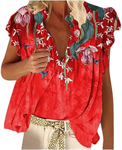 Tops femininos camisetas de estampa floral Ruff de manga curta Sexy Deep V Bloups elegante Túps de túnica solta para mulheres