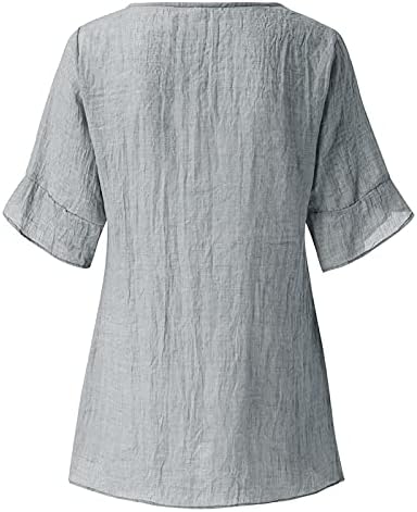 Linho de algodão 3/4 de manga Tops FPR Mulheres V Pescoço Irregular Hem camisetas casuais camisetas soltas Blouses sólidas confortáveis