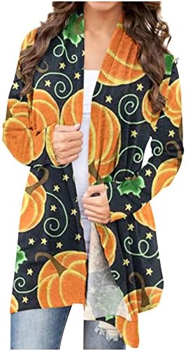 Cardigan para camisas femininas xales casaco halloweenpumpkin impressão aberta de mangas longas de mangas longas encobridas de quimono