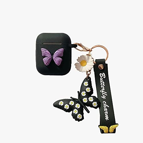 HENIU PARA CASA AIRPOD, 3D Butterfly Silicone AirPods Case Capacão fofa com chaveiro compatível com Apple AirPods 2 e 1 Carregando Case Black
