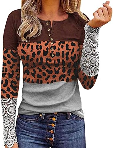 Nokmopo Womens Winter Tops Mulheres Moda de retalhos de impressão de renda longa Manga comprida Button Pullover Sorthirt