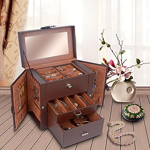Kendal Jewelry Box for Women, Organizador de jóias de couro com 2 gavetas e espelho, caixa de viagem portátil para colar, anel, jóias